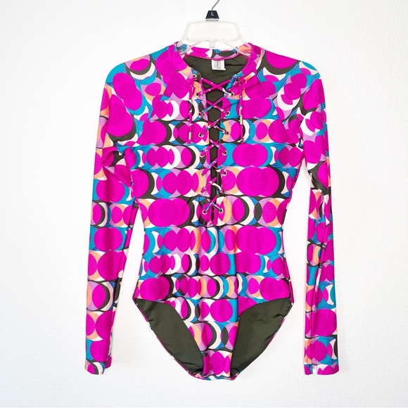 NEW Trina Turk Retro long Sleeve Front Tie One Piece Swimsuit Size Small - Picture 2 of 5